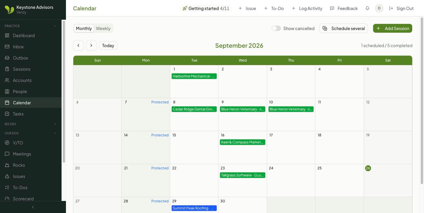 Calendar month with protected Mondays and scheduled sessions