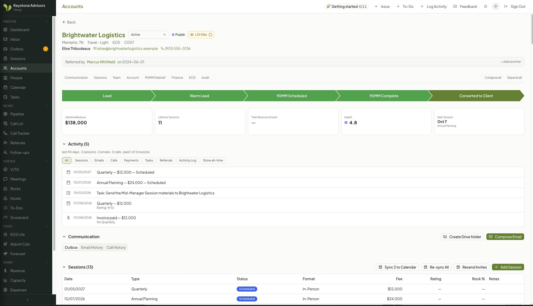 A Venzy client record for Brightwater Logistics: status, the path from lead to client, lifetime revenue and sessions, a 4.8 health score and the next scheduled Quarterly