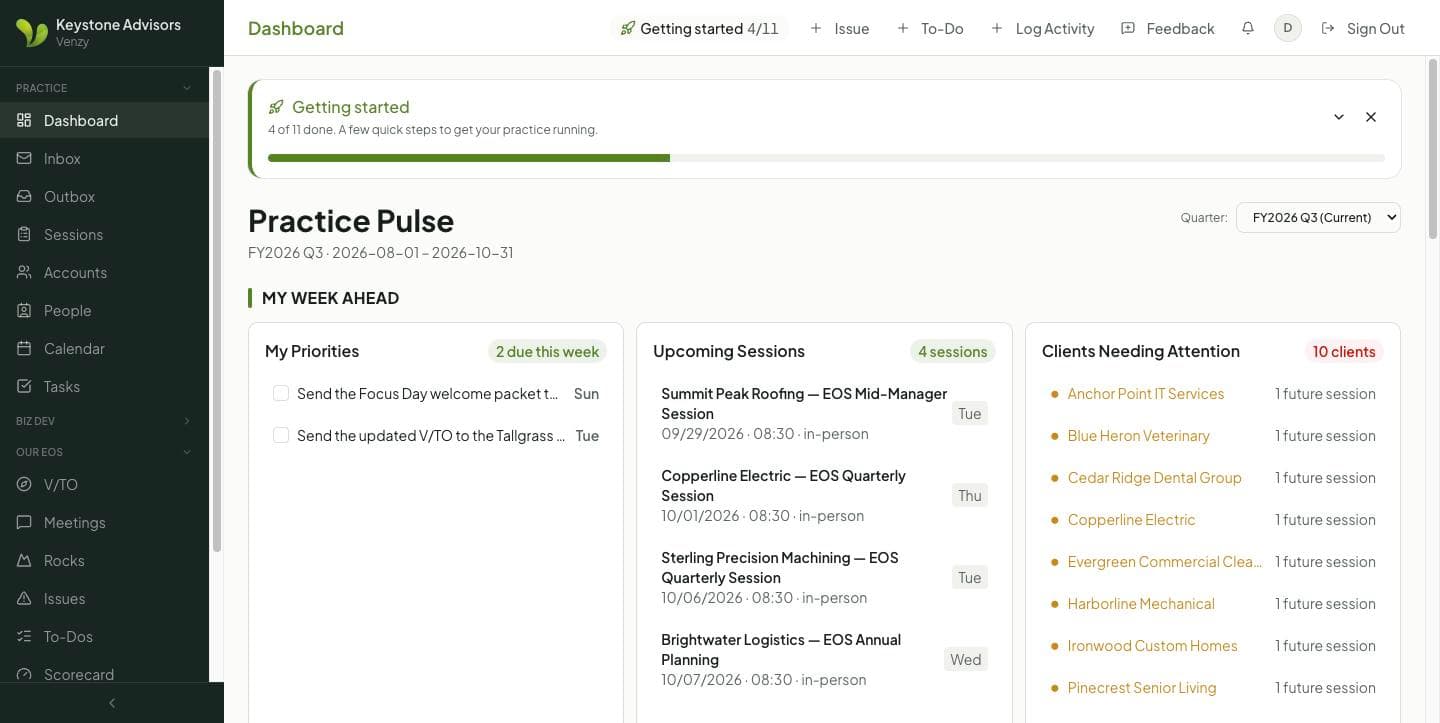 Practice Pulse dashboard with priorities, upcoming sessions and clients needing attention