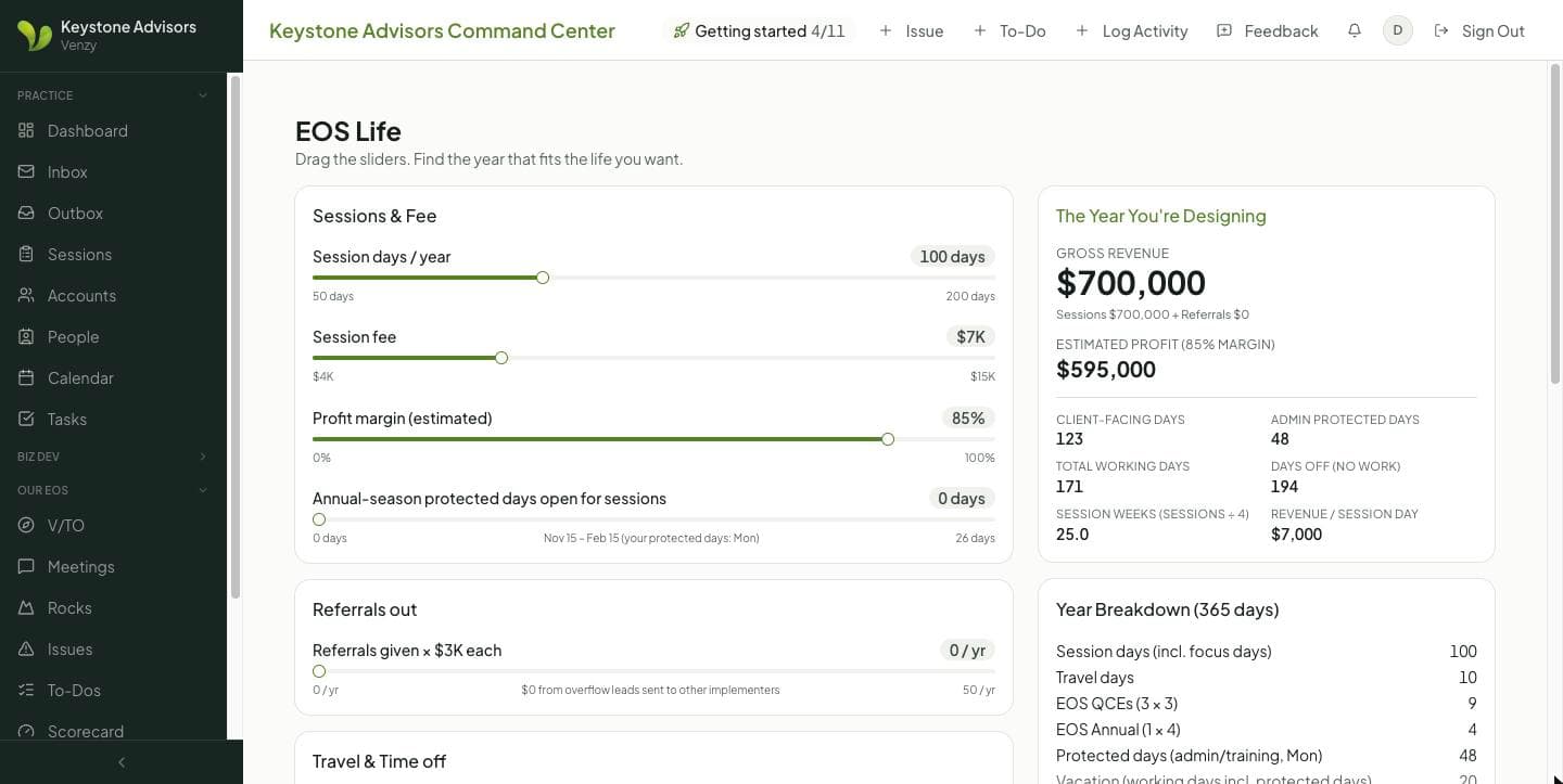 EOS Life calculator with sliders for session days, fee and profit margin