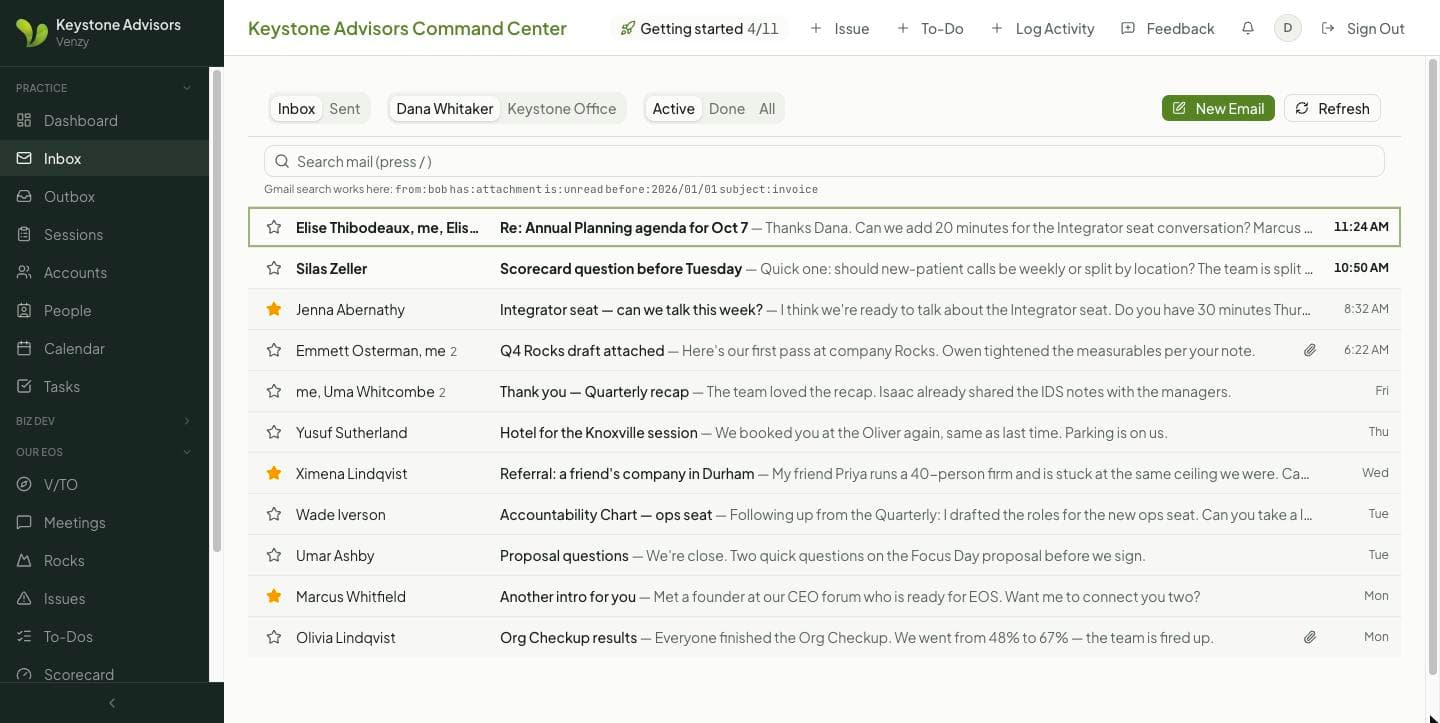 Venzy inbox with client emails, stars and attachments, and tabs for your own mailbox and a shared practice mailbox