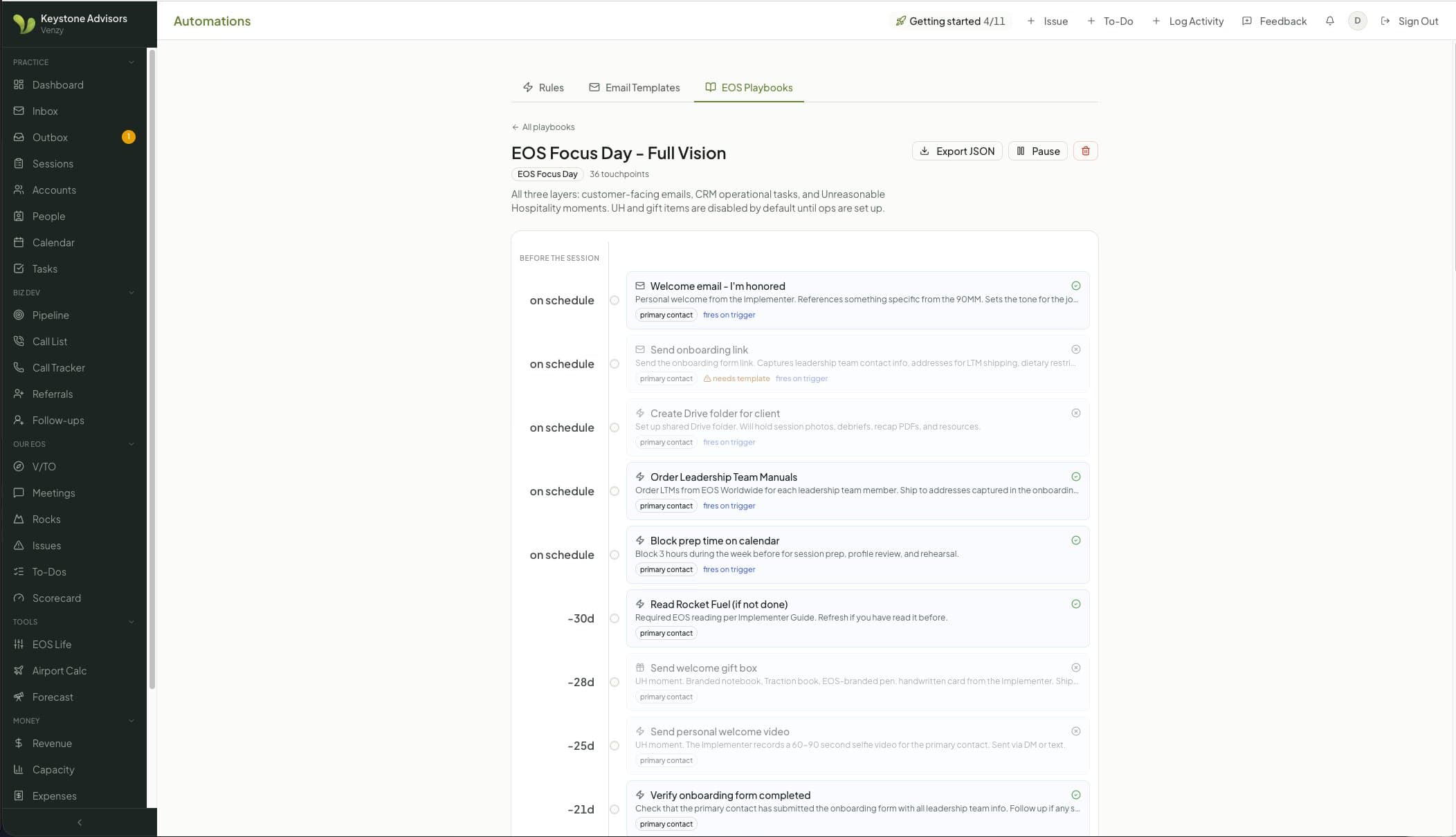 The Focus Day playbook: welcome email, onboarding link and prep tasks, each timed before the session