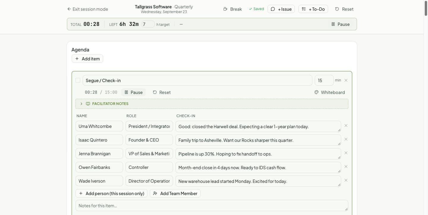 Session Mode running a Quarterly: total and remaining time, the check-in item's timer, and each leadership team member's check-in