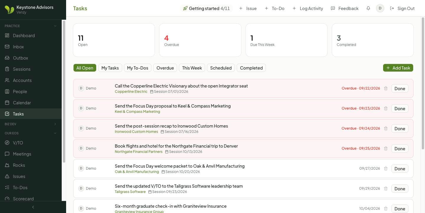 Task list with overdue, open and completed counts and tasks linked to clients and sessions